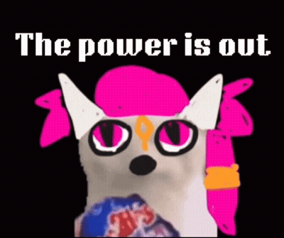 A Cat Wearing A Pink Hat And Holding A Bag Of Chips With The Words `` The Power Is Out '' Above It . GIF