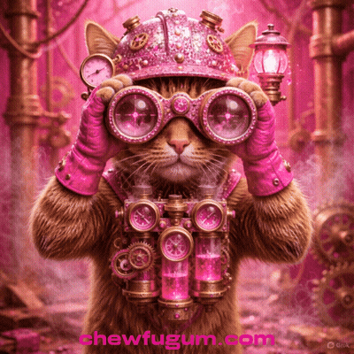 A Cat Wearing A Pink Helmet And Goggles Looks Through Binoculars With The Words Chewfugum.com Below It GIF
