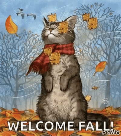 A Cat Wearing A Scarf And Leaves Is Standing In A Pile Of Leaves With The Words Welcome Fall . GIF