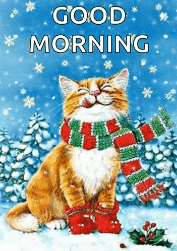 A Cat Wearing A Scarf And Mittens Is Sitting In The Snow With The Words Good Morning Below It GIF