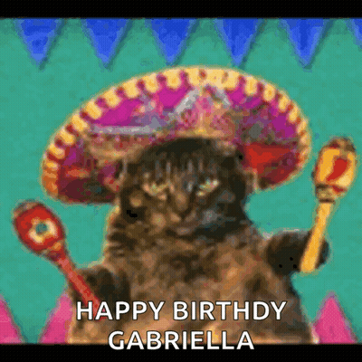 A Cat Wearing A Sombrero Is Holding A Maraca And A Happy Birthday Message . GIF
