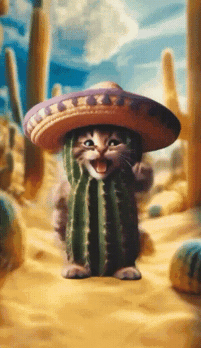 A Cat Wearing A Sombrero On Top Of A Cactus In The Desert GIF