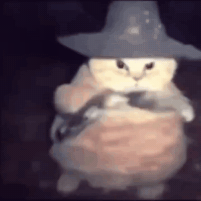 A Cat Wearing A Witch Hat And A Dress Is Holding A Mouse . GIF