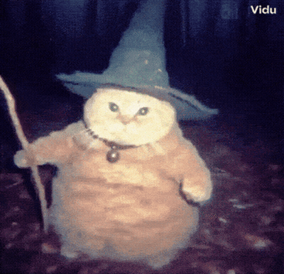 A Cat Wearing A Witch Hat And Holding A Wand GIF