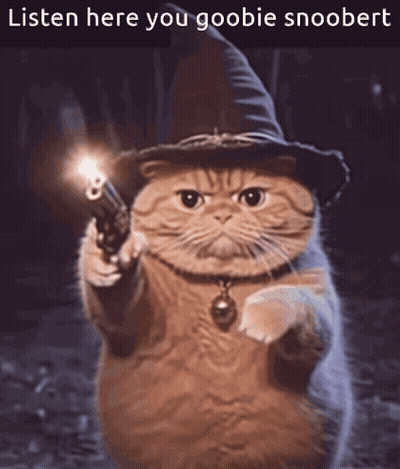 A Cat Wearing A Witch Hat Is Pointing A Gun With The Caption Listen Here You Goobie Snoobert GIF