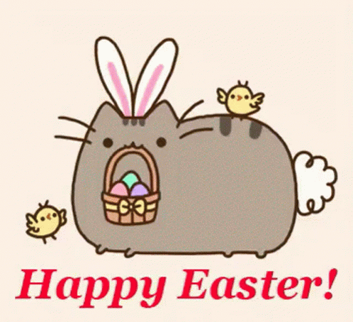A Cat Wearing Bunny Ears Is Holding An Easter Basket GIF
