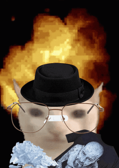 A Cat Wearing Glasses And A Hat With A Picture Of A Man Behind It GIF