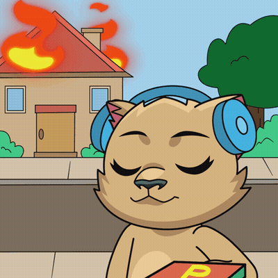 A Cat Wearing Headphones Is Holding A Box With The Letter P On It In Front Of A Burning House GIF
