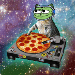 A Cat Wearing Headphones Is Holding A Pepperoni Pizza On Top Of A Turntable GIF