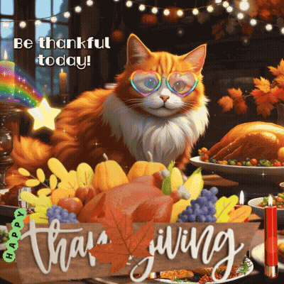 A Cat Wearing Heart Shaped Glasses Sits In Front Of A Table Full Of Food And A Sign That Says Thanksgiving GIF