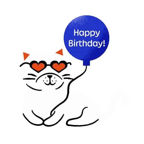 A Cat Wearing Heart Shaped Sunglasses Holds A Blue Balloon That Says Happy Birthday Sticker