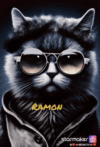 A Cat Wearing Sunglasses And A Coat Has The Name Ramon Written In Yellow GIF