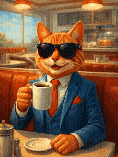 A Cat Wearing Sunglasses And A Suit Is Drinking Coffee GIF