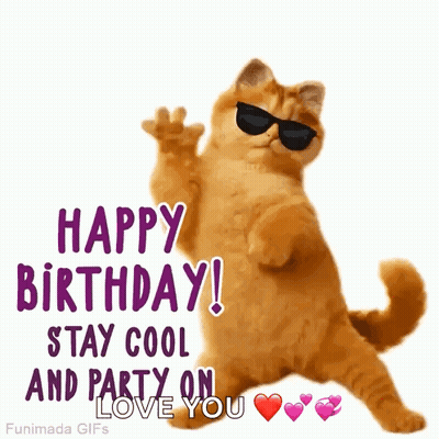 A Cat Wearing Sunglasses Is Dancing And Says Happy Birthday Stay Cool And Party On Love You GIF