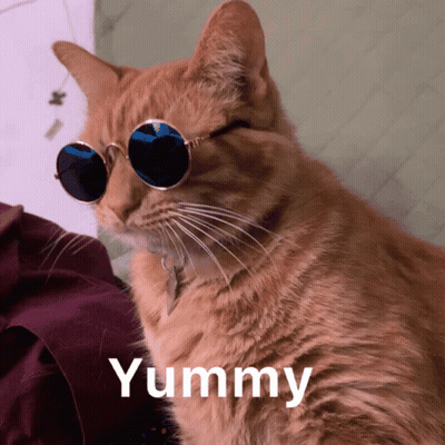A Cat Wearing Sunglasses With The Word Yummy Written Below It GIF