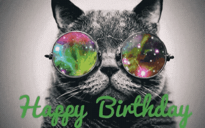 A Cat Wearing Sunglasses With The Words Happy Birthday Written On It GIF