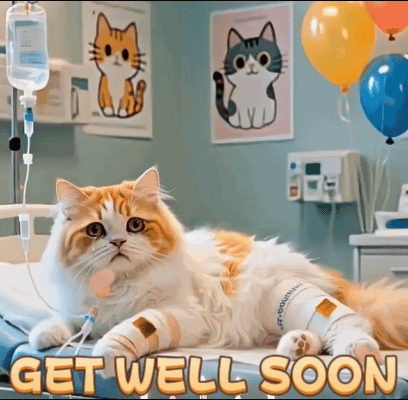 A Cat With A Bandage On Its Leg Is Laying In A Hospital Bed With Get Well Soon Written On The Bottom GIF