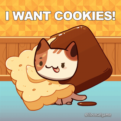 A Cat With A Cookie On Its Head And The Words I Want Cookies GIF