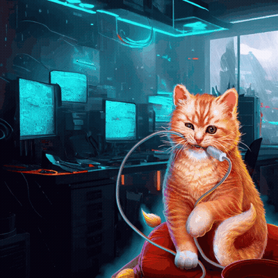 A Cat With A Cord In Its Mouth Is Sitting In Front Of A Computer Monitor GIF