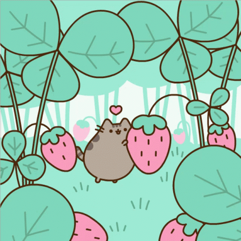 A Cat With A Heart On Its Head Is Surrounded By Strawberries And Leaves GIF