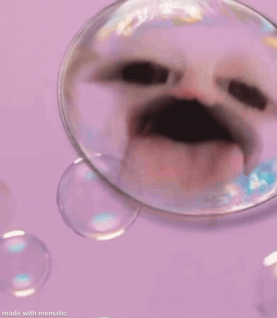 A Cat With A Mustache Is Surrounded By Soap Bubbles On A Purple Surface . GIF