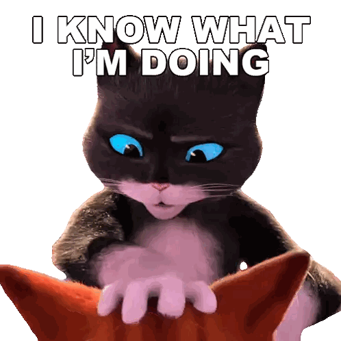 A Cat With Blue Eyes Says " I Know What I 'M Doing " On A White Background Sticker
