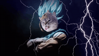 A Cat With Blue Hair Is Surrounded By Lightning Strikes GIF