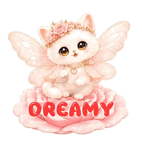 A Cat With Butterfly Wings Is Sitting On A Pink Flower With The Word Dreamy Written In Red Sticker