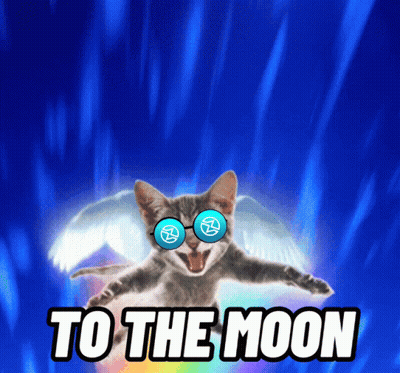 A Cat With Glasses And Wings Is Flying Through The Air With The Words To The Moon Below It GIF