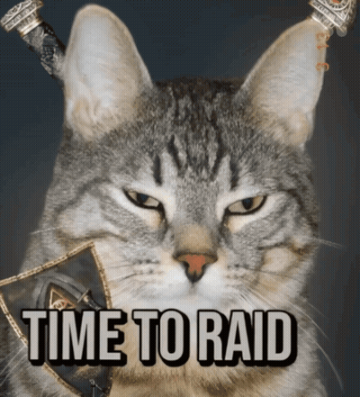 A Cat With Horns And A Shield Has The Words Time To Raid On Its Face GIF