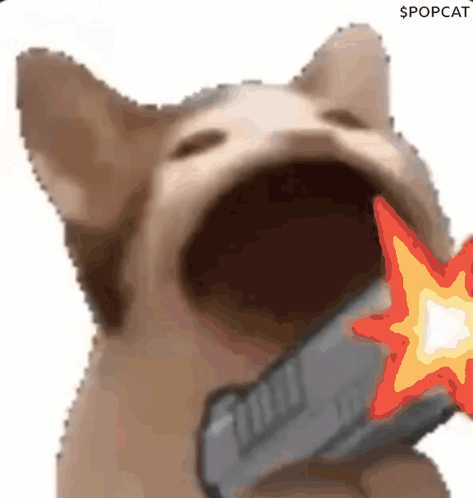 A Cat With Its Mouth Open Is Holding A Gun With A Flame Coming Out Of It 'S Mouth GIF