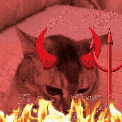 A Cat With Red Horns And A Trident GIF