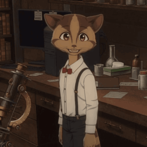 A Cat With Suspenders And A Bow Tie Stands In Front Of A Desk GIF