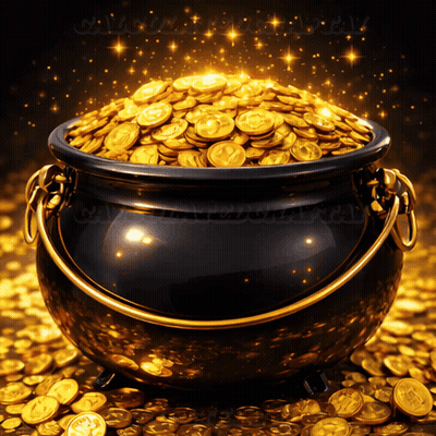 A Cauldron Filled With Gold Coins With The Letter S On Them GIF