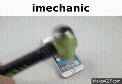 A Cell Phone Is Being Smashed By A Hammer With The Word Imechanic Written Above It GIF