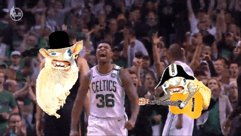 A Celtics Player Wearing A Top Hat And A Guitar Stands In Front Of A Crowd GIF