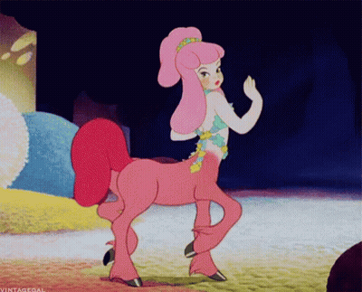 A Centaur With Pink Hair And A Red Tail GIF