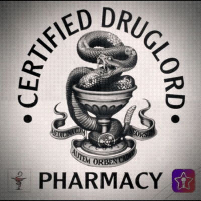 A Certified Druglord Pharmacy Logo With A Snake And A Cup GIF