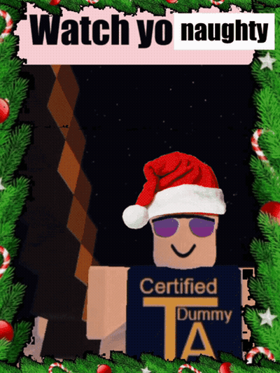 A Certified Dummy Wearing A Santa Hat And Sunglasses Is Surrounded By Christmas Decorations GIF