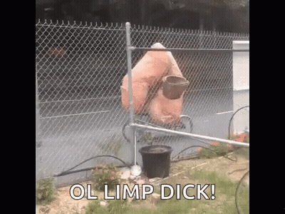 A Chain Link Fence With A Bucket Hanging From It And The Words Ol Limp Dick Written On It . GIF