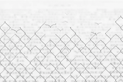 A Chain Link Fence With Birds Flying In The Distance GIF