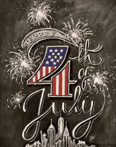 A Chalkboard Drawing With Fireworks And The Words Happy 4Th Of July GIF