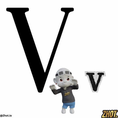 A Character Wearing A Zhot Hoodie Stands Next To A Letter V GIF