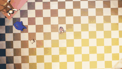 A Checkered Floor With A Blue Chair And A Pink Chair GIF