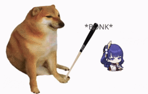 A Cheems Dog Is Holding A Baseball Bat Next To A Chibi Character . GIF