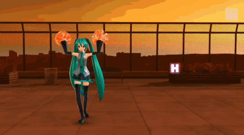 A Cheerleader Is Holding Up Her Pom Poms In Front Of A Fence With The Letter H In The Background GIF