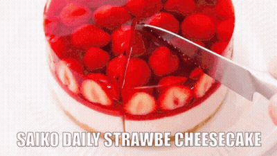 A Cheesecake With Strawberries On It And The Words Saiko Daily Strawbe Cheesecake GIF