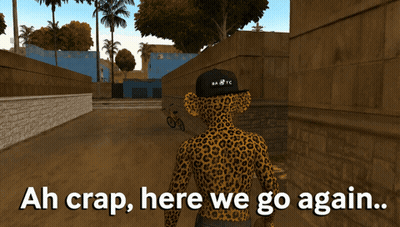 a cheetah walking down a street with the words ah crap here we go again on the bottom