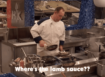 A Chef Cooking In A Kitchen With The Words " Where 'S The Lamb Sauce " Below Him GIF
