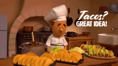 A Chef In A Kitchen With Tacos And The Words Tacos Great Idea On The Bottom GIF